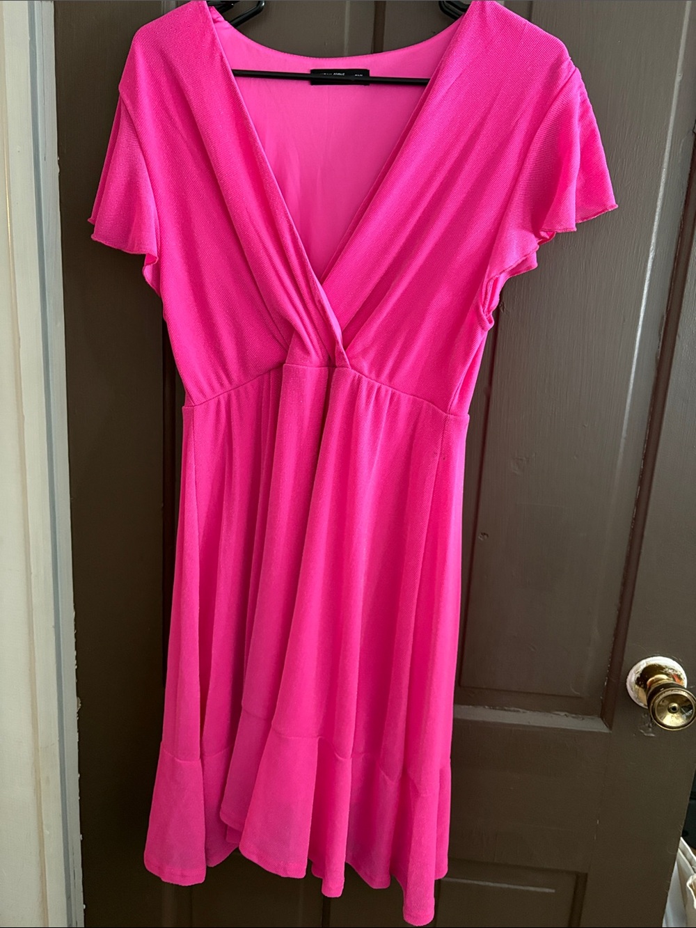 SHEIN Hot Pink V-Neck Midi Dress with Flutter Sleeves